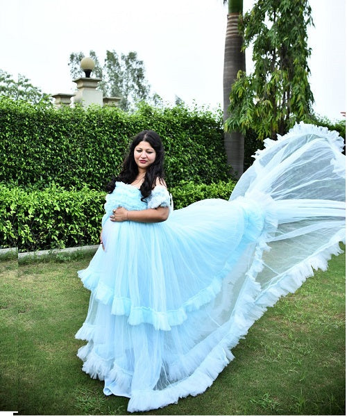 G325, Ice Blue Ruffled Maternity Shoot Gown, Size: All, Color: All