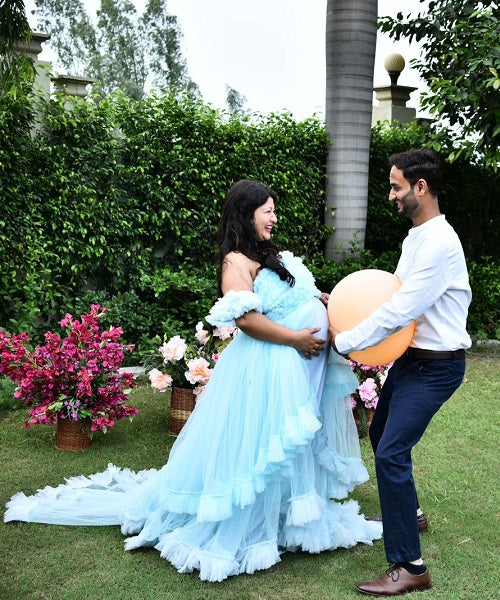 G325, Ice Blue Ruffled Maternity Shoot Gown, Size: All, Color: All