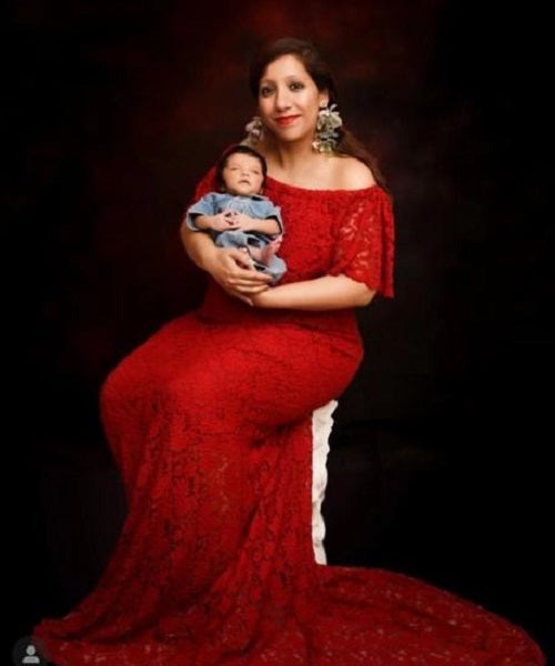 G408, Wine Lace Os Maternity Shoot Trail Baby Shower Lycra Body Fit Gown, Size: All, Color: All