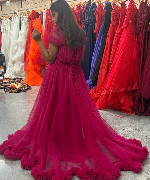 G658, Dark Magenta Puffy Shoot Trail Gown Size: All, Color: All