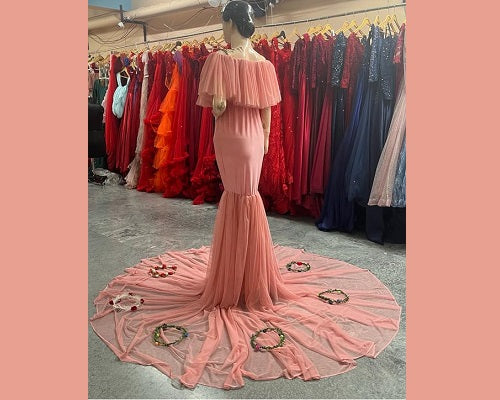 G508 , Peach Maternity Shoot Baby Shower Trail Gown, Size: All, Color: All