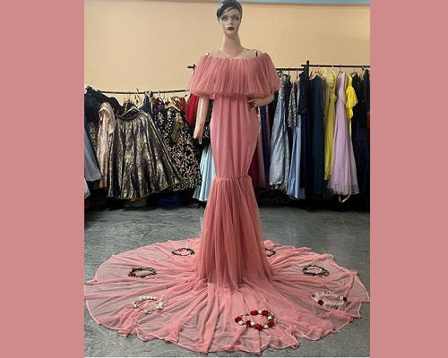 G508 , Peach Maternity Shoot Baby Shower Trail Gown, Size: All, Color: All