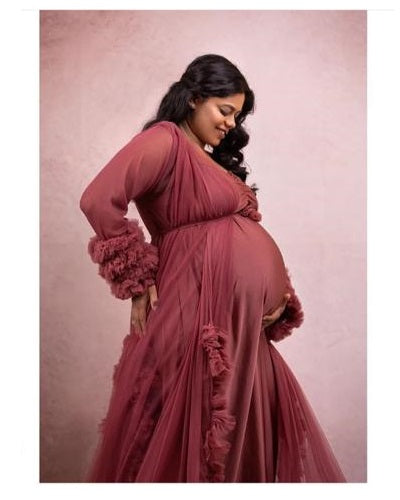 G748, Dusty Peach Ruffled Maternity Shoot Gown, Size: All, Color: All