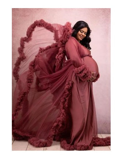 G748, Dusty Peach Ruffled Maternity Shoot Gown, Size: All, Color: All