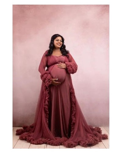G748, Dusty Peach Ruffled Maternity Shoot Gown, Size: All, Color: All