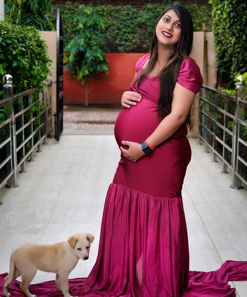 G231,Wine Red Maternity Shoot Baby Shower Trail Lycra Body Fit Gown, Size: All, Color: All