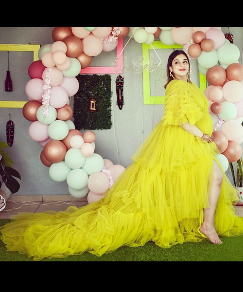 G552, Green Tea Ruffled Slit Cut Maternity Shoot Gown, Size: All, Color: All