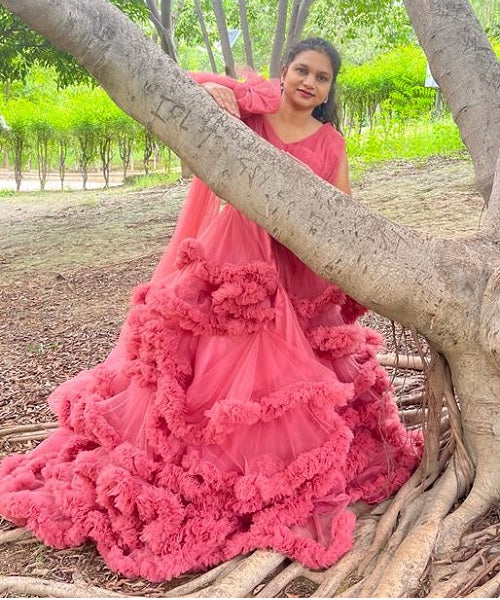 G878, Peach Ruffled Pre Wedding Shoot Gown, Size: All, Color: All
