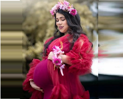 G448, Wine Ruffled Maternity Shoot Gown, Size: All, Color: All