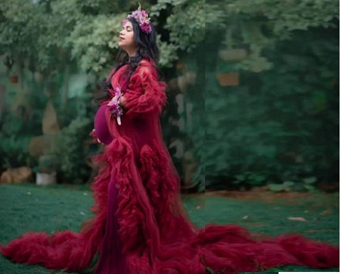 G448, Wine Ruffled Maternity Shoot Gown, Size: All, Color: All
