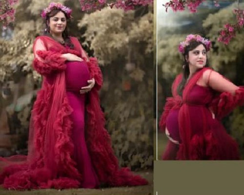 G448, Wine Ruffled Maternity Shoot Gown, Size: All, Color: All