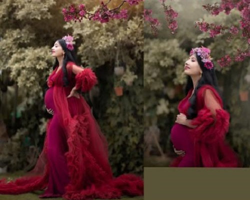 G448, Wine Ruffled Maternity Shoot Gown, Size: All, Color: All