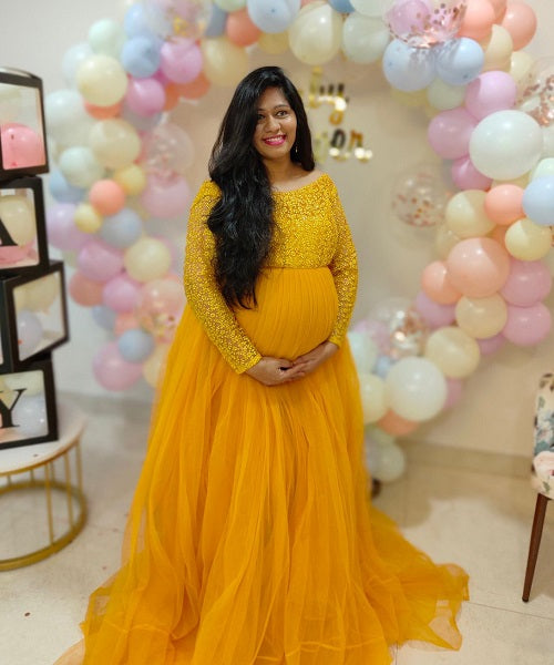 G745, Mustard Maternity Shoot Baby Shower Trail Lycra Fit Gown, Size: All, Color: All