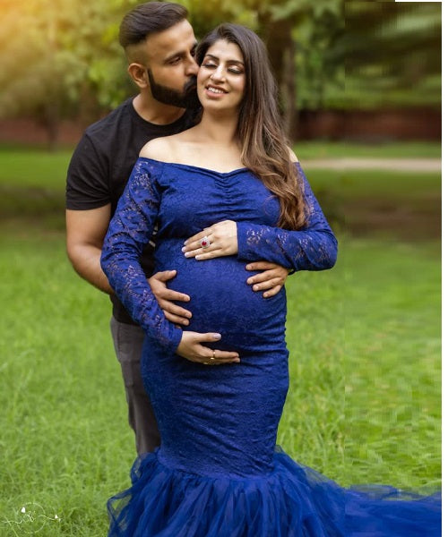 G221, Navy Blue Fish Cut Maternity Shoot Baby Shower Gown, Size: All, Color: All