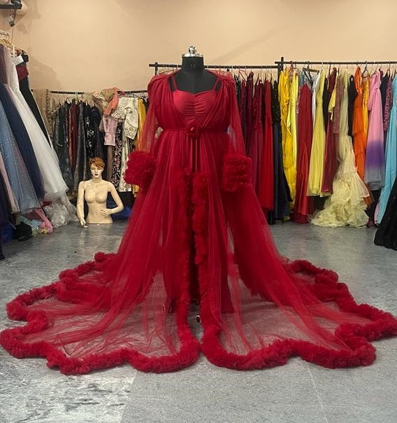 G448, Wine Ruffled Maternity Shoot Gown, Size: All, Color: All