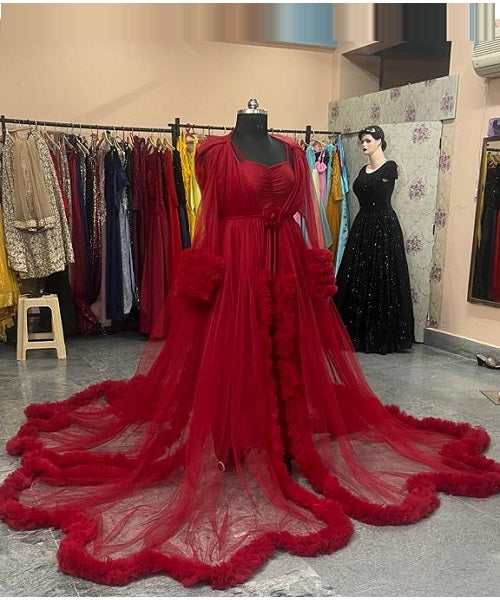 G448, Wine Ruffled Maternity Shoot Gown, Size: All, Color: All