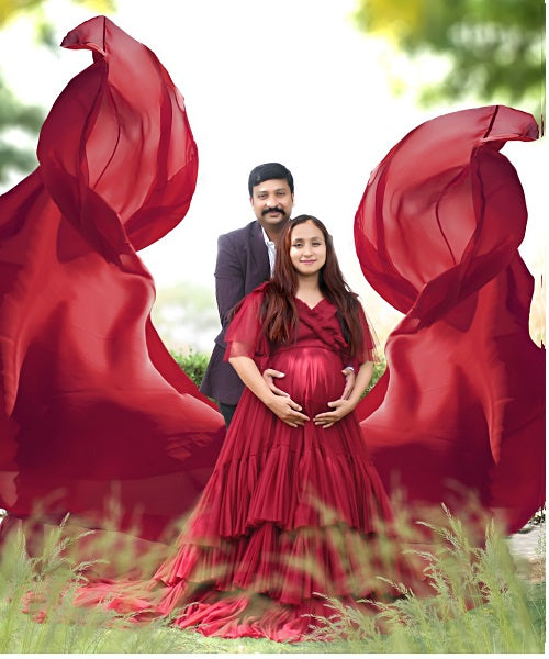 G455, Dark Wine Ruffled Maternity Shoot Gown, Size: All, Color: All