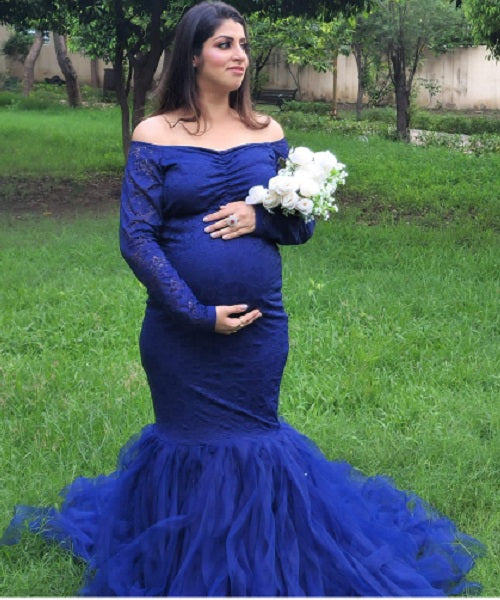 G221, Navy Blue Fish Cut Maternity Shoot Baby Shower Gown, Size: All, Color: All