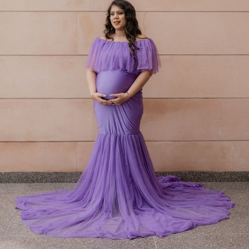 G708, Purple Maternity Shoot Baby Shower Trail Gown, Size: All, Color: All