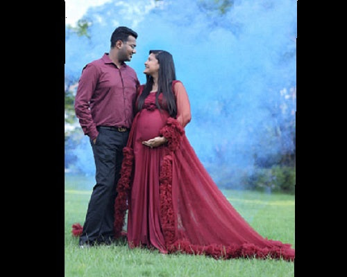 G448, Wine Ruffled Maternity Shoot Gown, Size: All, Color: All