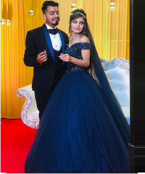 G435, Navy Blue Semi Off Shoulder Ball Gown, Size (XS-30 to XL-35)