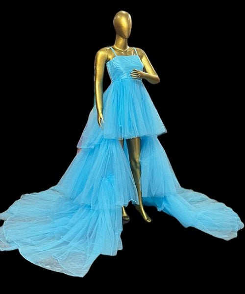 G140, Luxury Sky Blue Ruffle Long Trail Ball Gown Size: All, Color: All