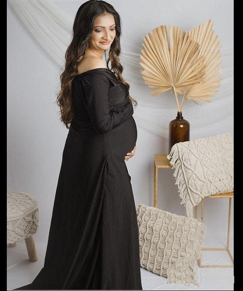 G106, Black Slit Cut Maternity Shoot Trail Baby Shower Gown, Size: All, Color: All