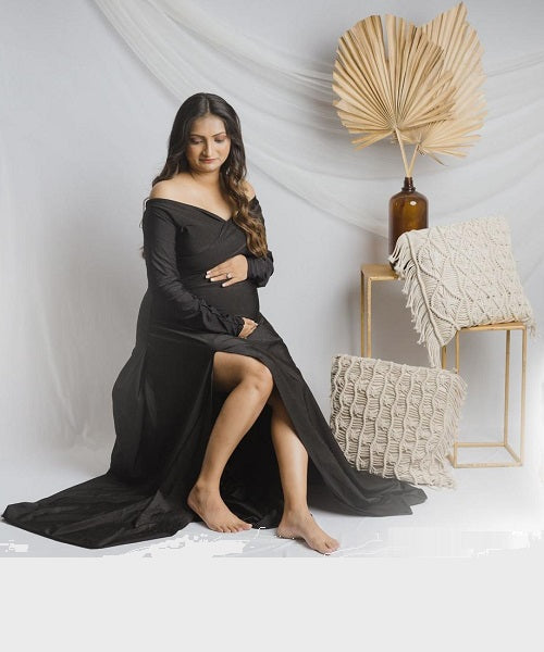 G106, Black Slit Cut Maternity Shoot Trail Baby Shower Gown, Size: All, Color: All