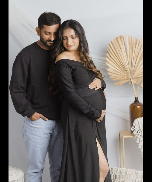 G106, Black Slit Cut Maternity Shoot Trail Baby Shower Gown, Size: All, Color: All