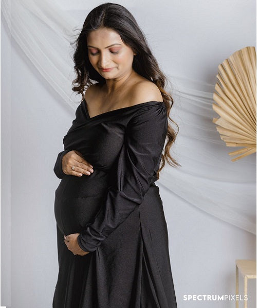 G106, Black Slit Cut Maternity Shoot Trail Baby Shower Gown, Size: All, Color: All