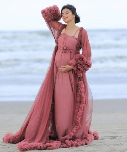 G748, Dusty Peach Ruffled Maternity Shoot Gown, Size: All, Color: All