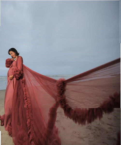 G748, Dusty Peach Ruffled Maternity Shoot Gown, Size: All, Color: All