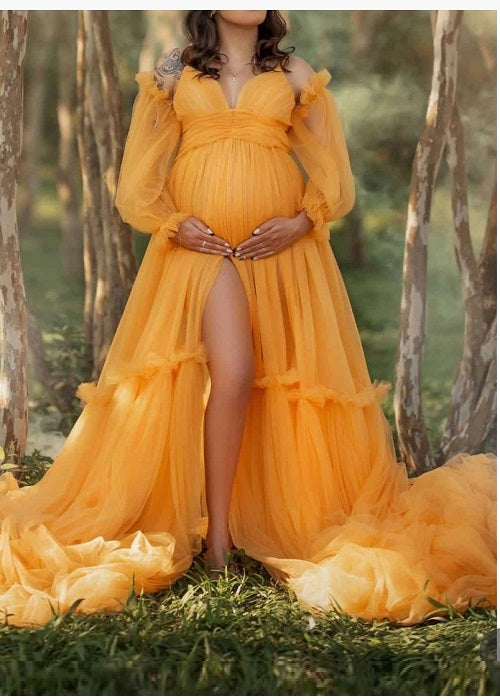 G842, Mustard Yellow Ruffled Shoot Trail Gown With Inner, Size: All, Color: All