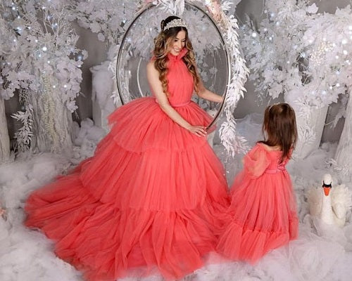 G662, Watermelon Ruffled Shoot Gown, Size: All, Color: All