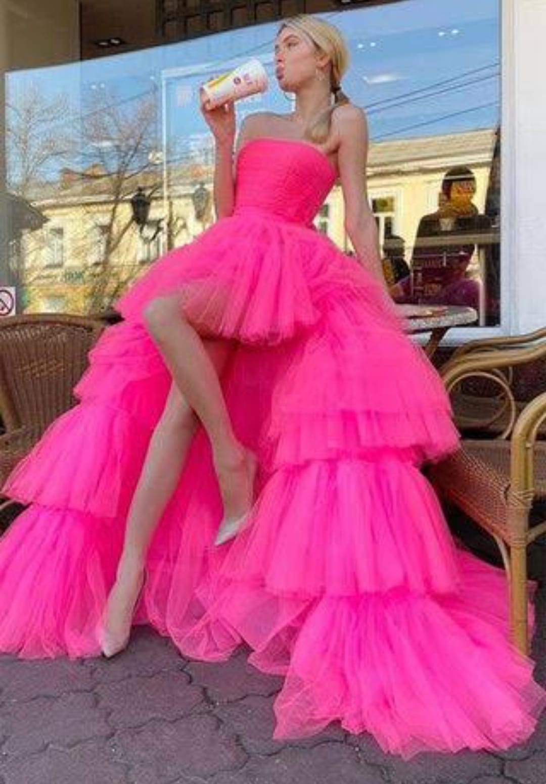 G940, Hot Pink Ruffle Long Trail Ball Gown Size: All, Color: All