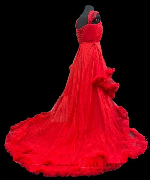 G768, Red Tube Ruffled Pre-wedding Trail Gown Size: All, Color: All