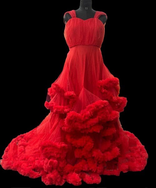 G768, Red Tube Ruffled Pre-wedding Trail Gown Size: All, Color: All