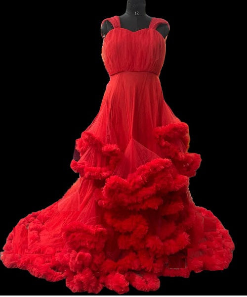 G768, Red Tube Ruffled Maternity Shoot Baby Shower Trail Gown Size: All, Color: All