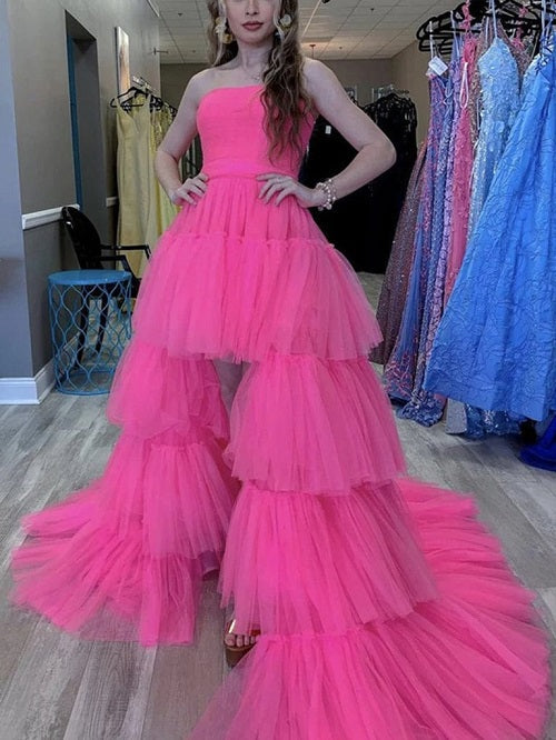 G940, Hot Pink Ruffle Long Trail Ball Gown Size: All, Color: All
