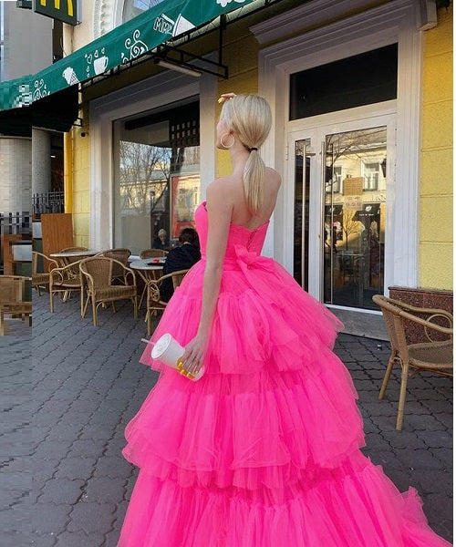 G940, Hot Pink Ruffle Long Trail Ball Gown Size: All, Color: All