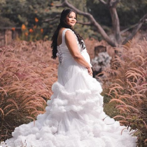 W558, White Ruffled Maternity Shoot Baby Shower Trail Gown Size: All, Color: All