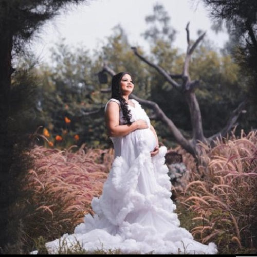 W558, White Ruffled Maternity Shoot Baby Shower Trail Gown Size: All, Color: All