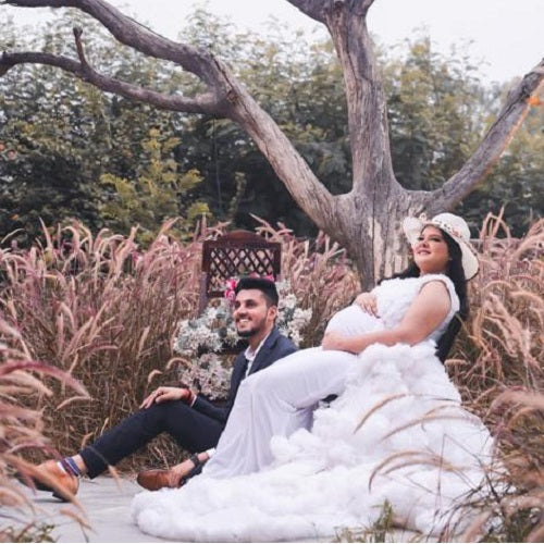 W558, White Ruffled Maternity Shoot Baby Shower Trail Gown Size: All, Color: All