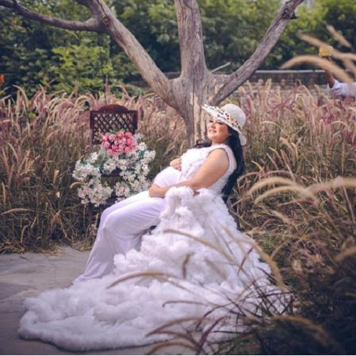 W558, White Ruffled Maternity Shoot Baby Shower Trail Gown Size: All, Color: All