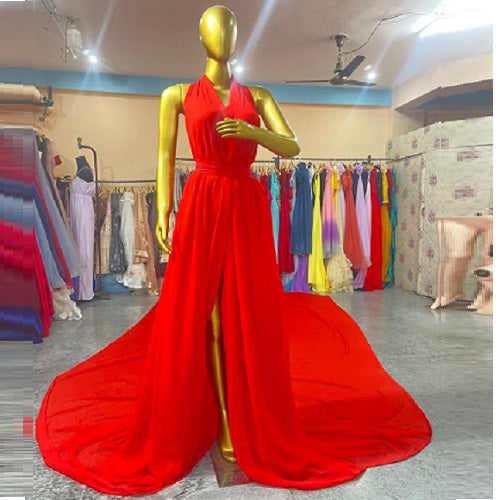 G385, Red Slit Cut Prewedding Long Trail Georgette Gown, Size: All, Color: All