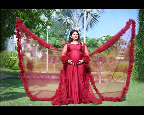 G448, Wine Ruffled Maternity Shoot Gown, Size: All, Color: All