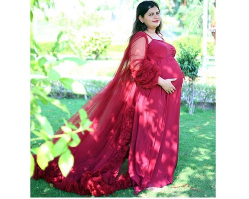 G448, Wine Ruffled Maternity Shoot Gown, Size: All, Color: All
