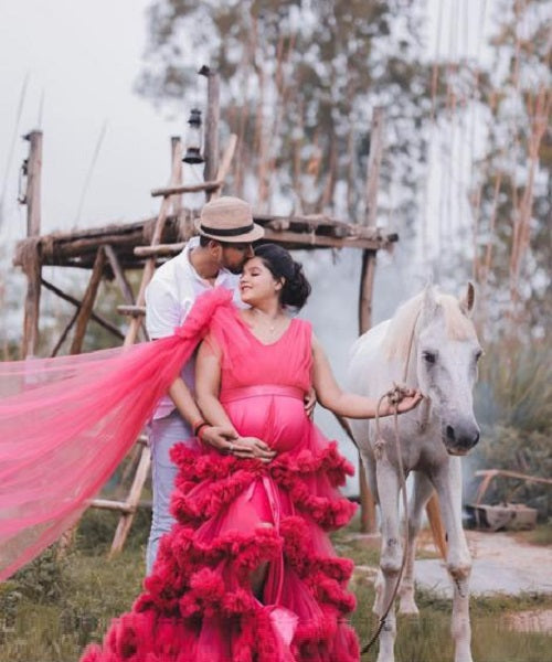 G878, Peach Ruffled Maternity Shoot Gown With Inner, Size: All, Color: All