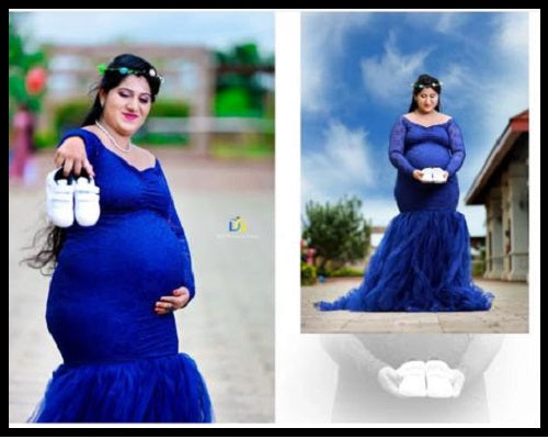 G221, Navy Blue Fish Cut Maternity Shoot Baby Shower Gown, Size: All, Color: All