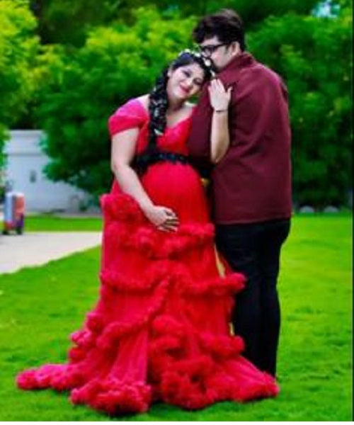 G768, Red Tube Ruffled Pre-wedding Trail Gown Size: All, Color: All
